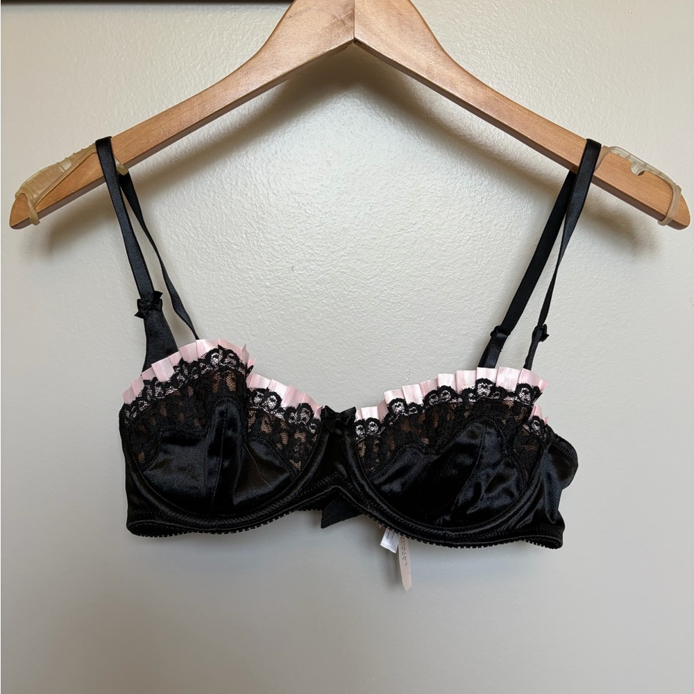 Victoria's Secret Black Satin Balconette Bra with Pink Trim